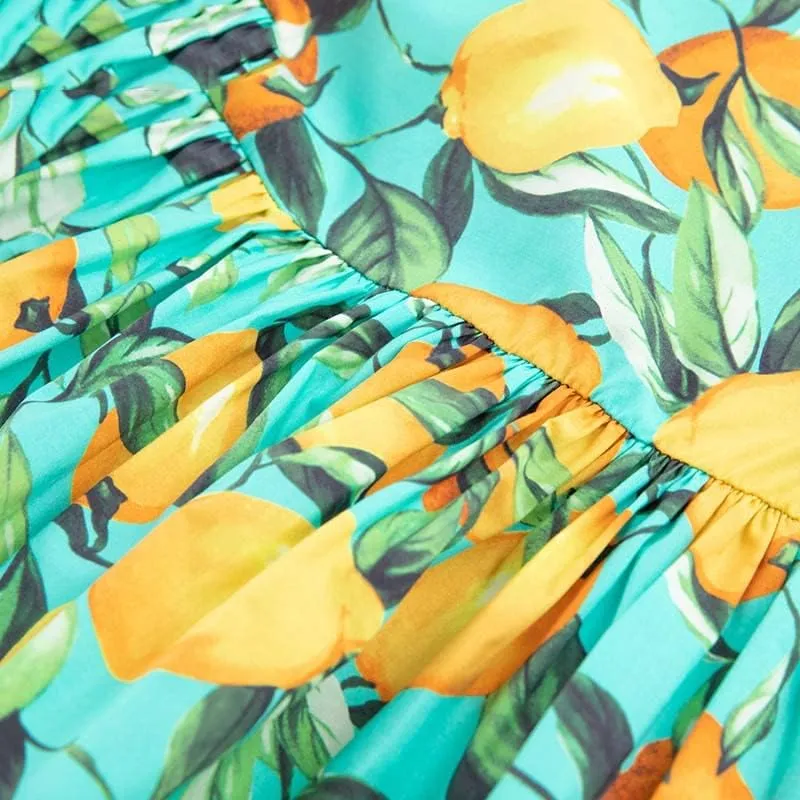 Summer Vacation Cotton Runway Skirts Suit Women Short Spaghetti Strap Top And Lemon Print Skirts 2 Pieces Set