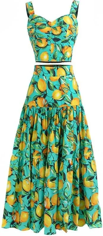Summer Vacation Cotton Runway Skirts Suit Women Short Spaghetti Strap Top And Lemon Print Skirts 2 Pieces Set