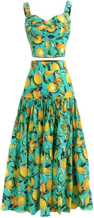 Summer Vacation Cotton Runway Skirts Suit Women Short Spaghetti Strap Top And Lemon Print Skirts 2 Pieces Set