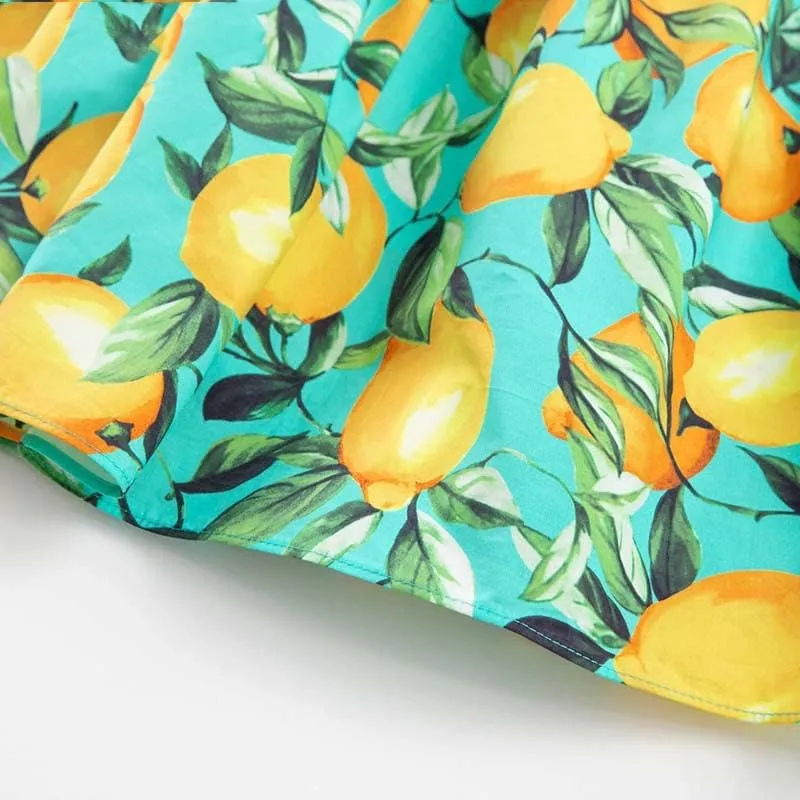 Summer Vacation Cotton Runway Skirts Suit Women Short Spaghetti Strap Top And Lemon Print Skirts 2 Pieces Set