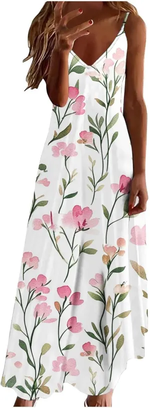 Sun Dresses for Women 2025 Flower Pattern Print Maxi Dresses Sleeveless Fashion Boho Beach Dresses