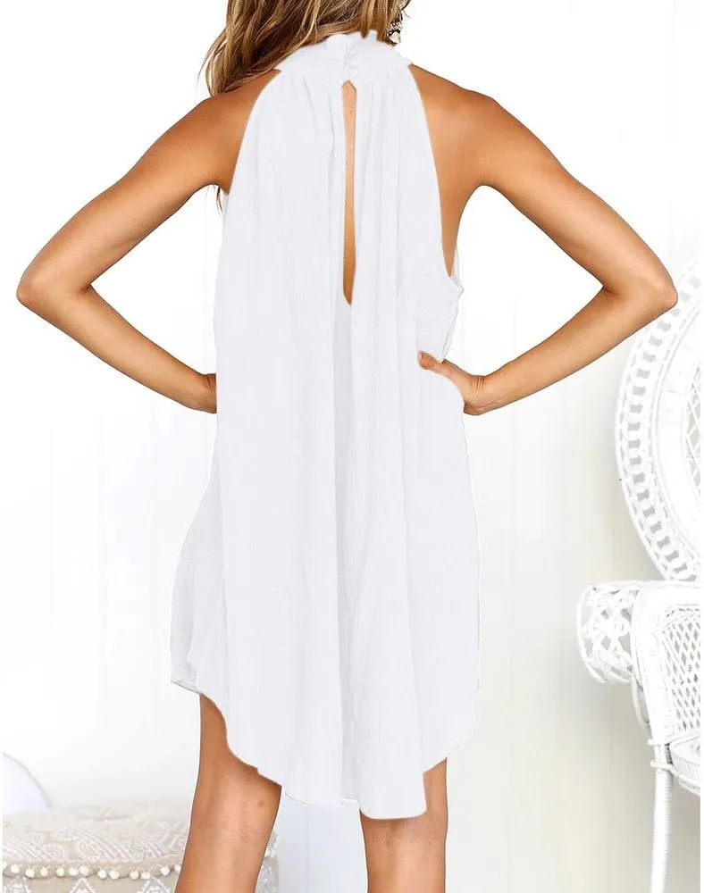 Sun Dresses for Women 2025 Vacation Halter Neck Solid Summer Casual Sundress Elegant Pleated High Low Mini Dresses