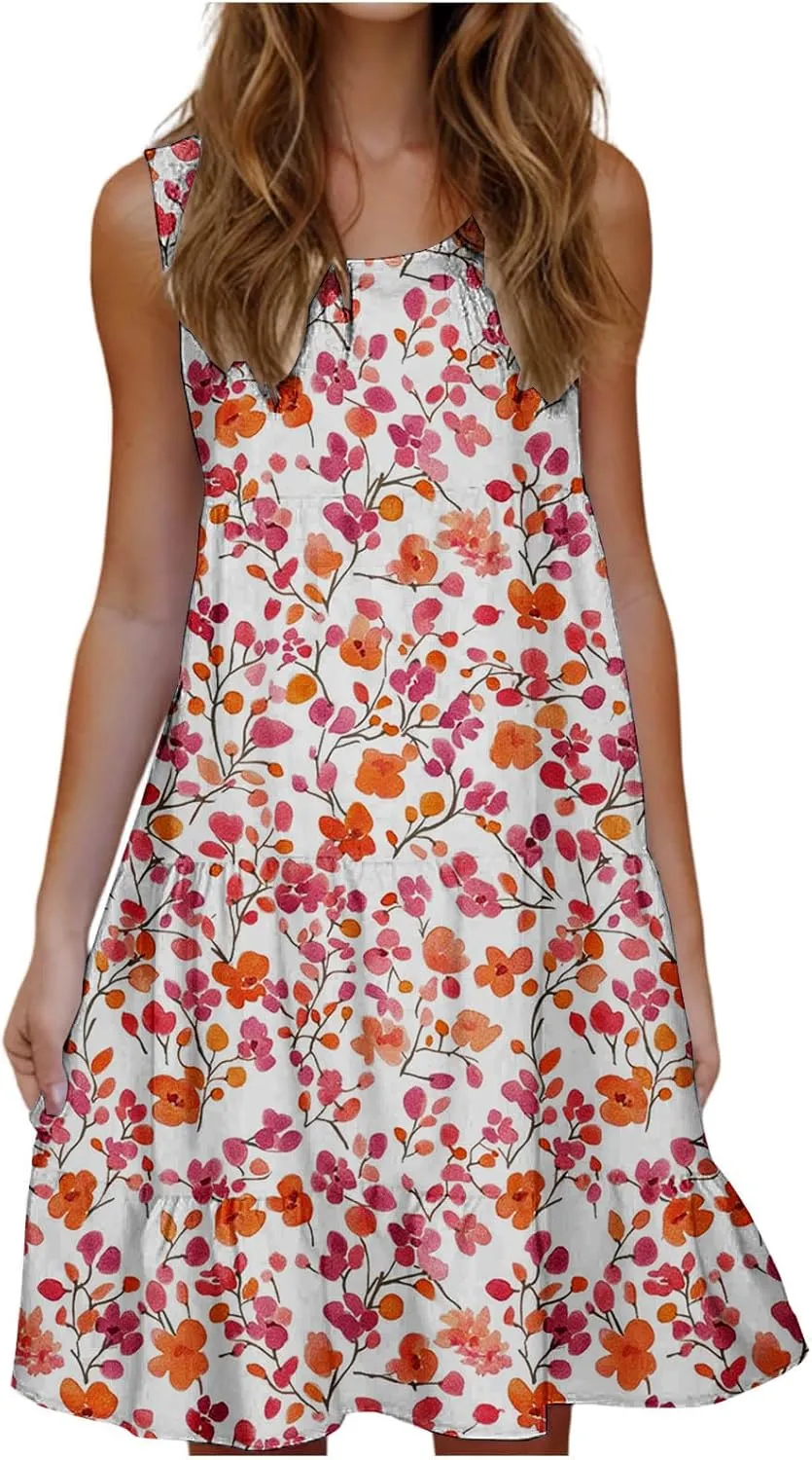 Sundresses for Women 2025 Sleeveless Boho Floral Print Beach Dress Flowy Loose Trendy Casual Tank Dresses