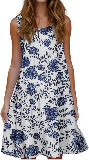 Sundresses for Women 2025 Sleeveless Boho Floral Print Beach Dress Flowy Loose Trendy Casual Tank Dresses