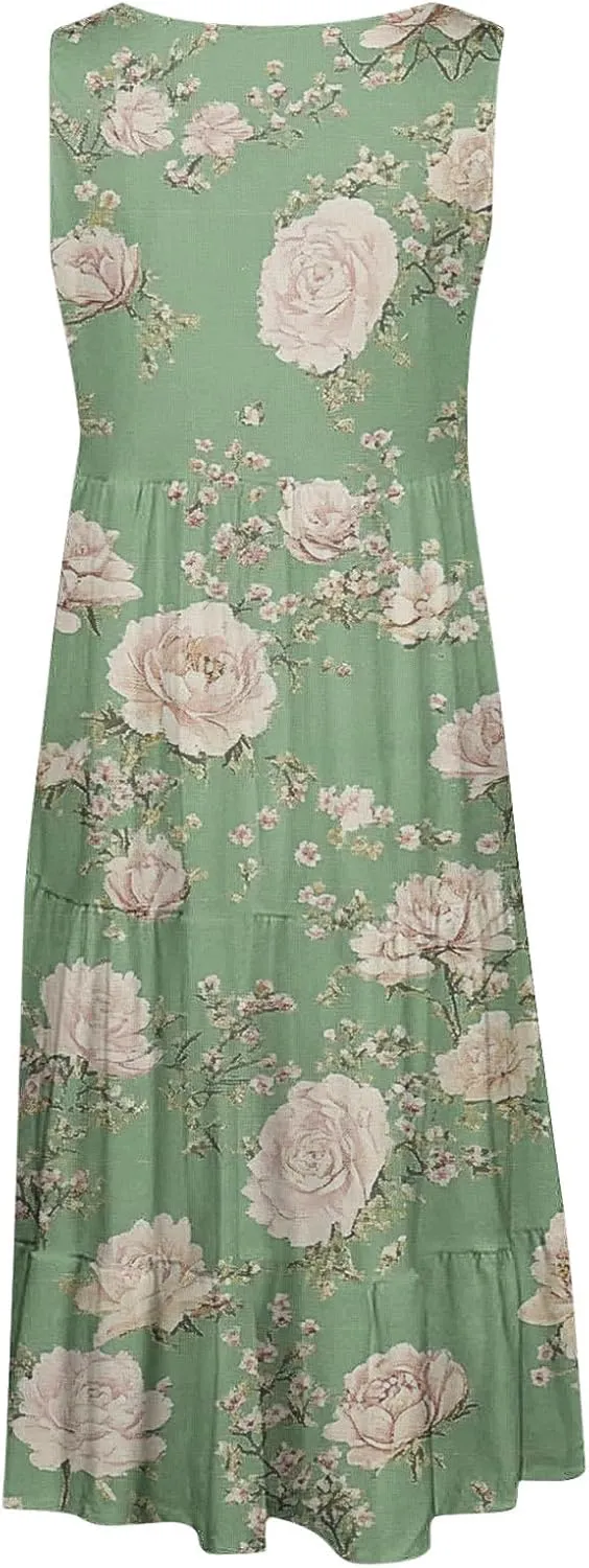 Sundresses for Women 2025 Sleeveless Boho Floral Print Beach Dress Flowy Loose Trendy Casual Tank Dresses