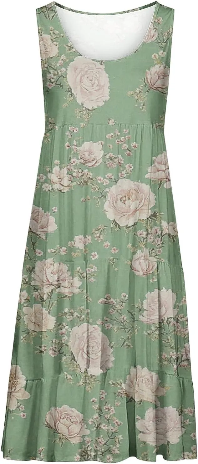 Sundresses for Women 2025 Sleeveless Boho Floral Print Beach Dress Flowy Loose Trendy Casual Tank Dresses