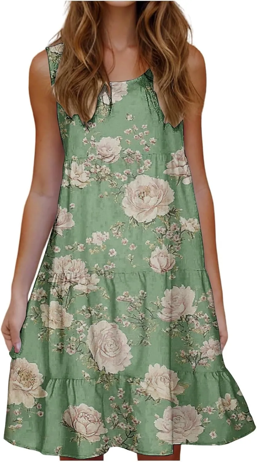 Sundresses for Women 2025 Sleeveless Boho Floral Print Beach Dress Flowy Loose Trendy Casual Tank Dresses