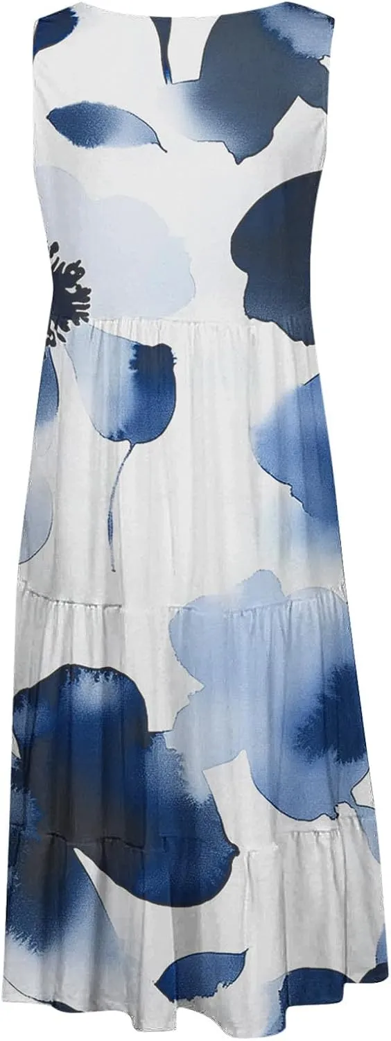 Sundresses for Women 2025 Sleeveless Boho Floral Print Beach Dress Flowy Loose Trendy Casual Tank Dresses