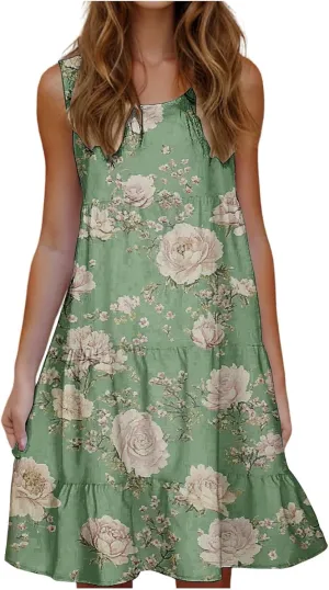 Sundresses for Women 2025 Sleeveless Boho Floral Print Beach Dress Flowy Loose Trendy Casual Tank Dresses