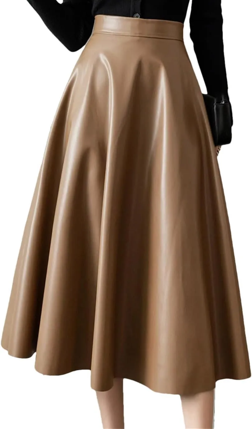 Suwequest A-Line Black Leather Skirts Hihg Waist Back Zipper Fly PU Skirts Pleated Skirt Midi Length Skirt