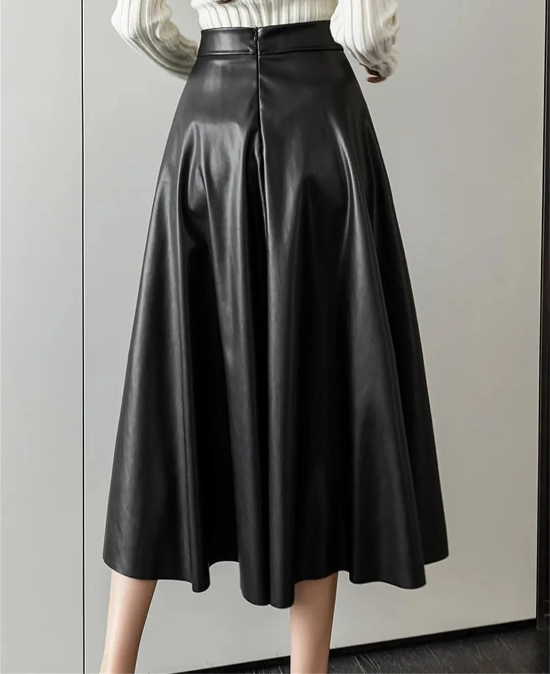 Suwequest A-Line Black Leather Skirts Hihg Waist Back Zipper Fly PU Skirts Pleated Skirt Midi Length Skirt
