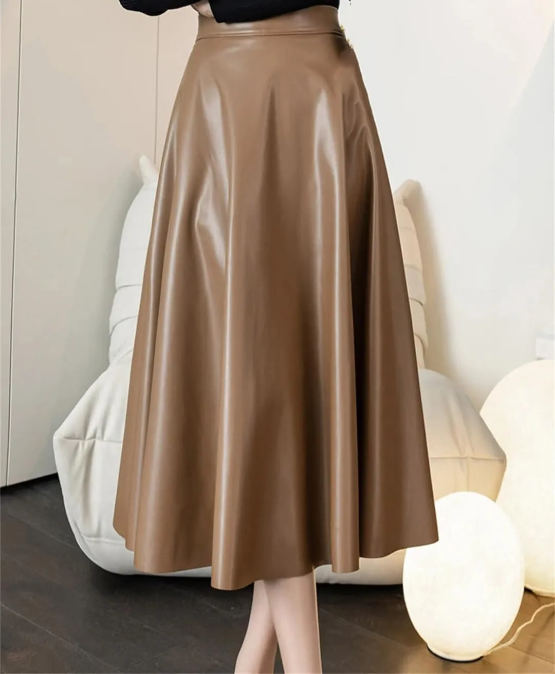 Suwequest A-Line Black Leather Skirts Hihg Waist Back Zipper Fly PU Skirts Pleated Skirt Midi Length Skirt