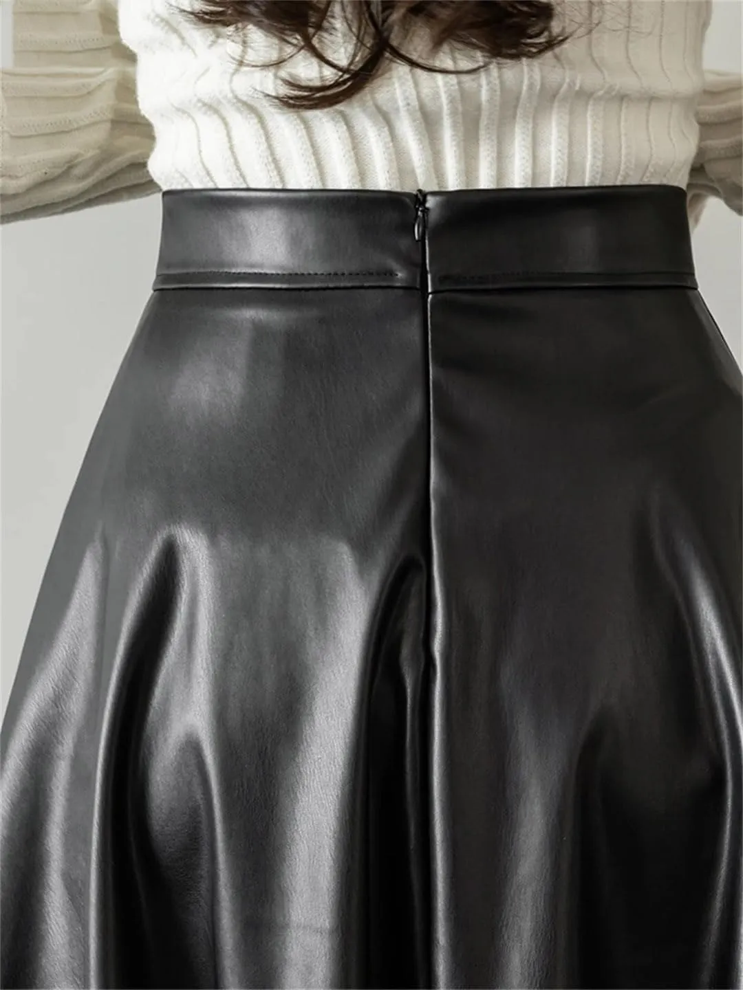 Suwequest A-Line Black Leather Skirts Hihg Waist Back Zipper Fly PU Skirts Pleated Skirt Midi Length Skirt