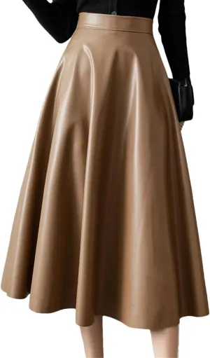 Suwequest A-Line Black Leather Skirts Hihg Waist Back Zipper Fly PU Skirts Pleated Skirt Midi Length Skirt