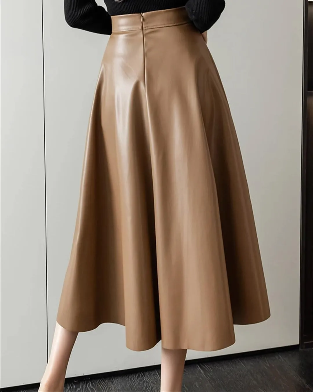 Suwequest A-Line Black Leather Skirts Hihg Waist Back Zipper Fly PU Skirts Pleated Skirt Midi Length Skirt