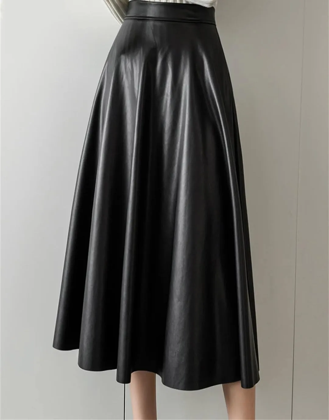 Suwequest A-Line Black Leather Skirts Hihg Waist Back Zipper Fly PU Skirts Pleated Skirt Midi Length Skirt