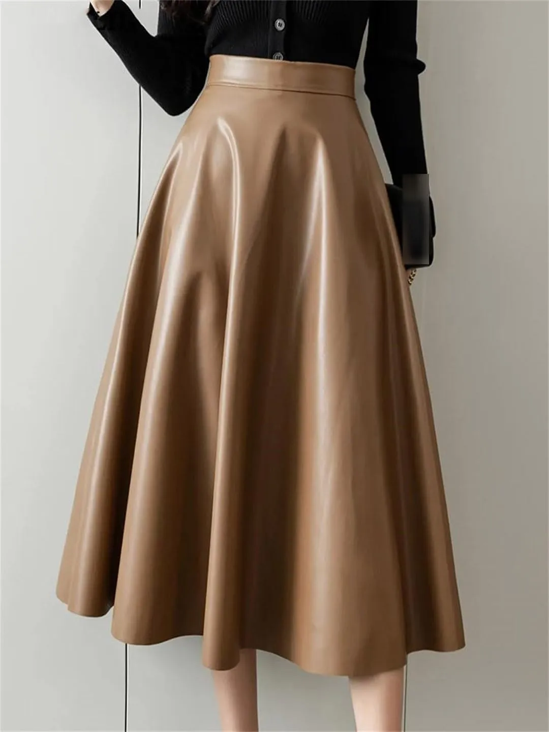 Suwequest A-Line Black Leather Skirts Hihg Waist Back Zipper Fly PU Skirts Pleated Skirt Midi Length Skirt