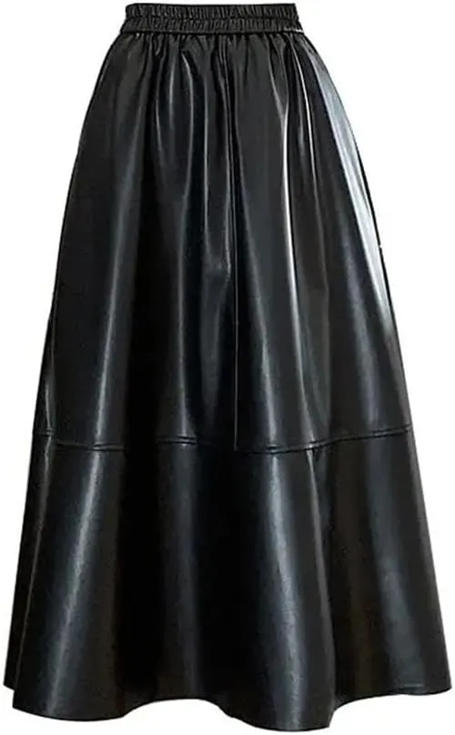 Suwequest Casual Elastic High Waist Women Pleated Leather Skirt Autumn Winter Solid A-Line Midi Skirts Female