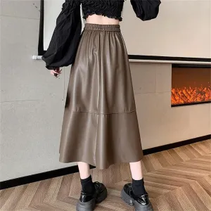 Suwequest Casual Elastic High Waist Women Pleated Leather Skirt Autumn Winter Solid A-Line Midi Skirts Female