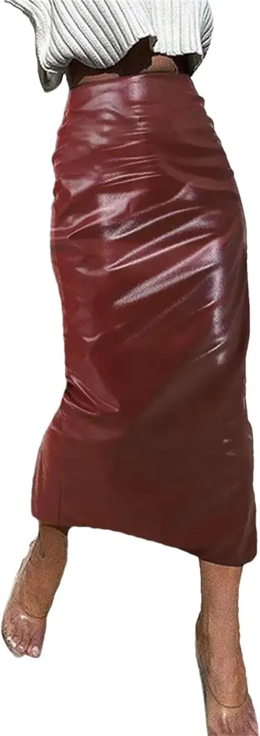 Suwequest Women Pu Leather Midi Skirts High Waist Long Sold Pleated Silm Skirts Femme