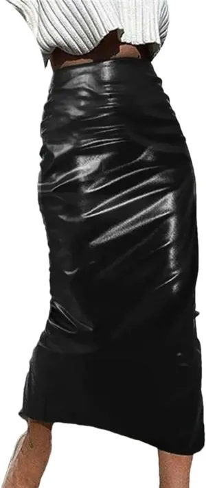 Suwequest Women Pu Leather Midi Skirts High Waist Long Sold Pleated Silm Skirts Femme