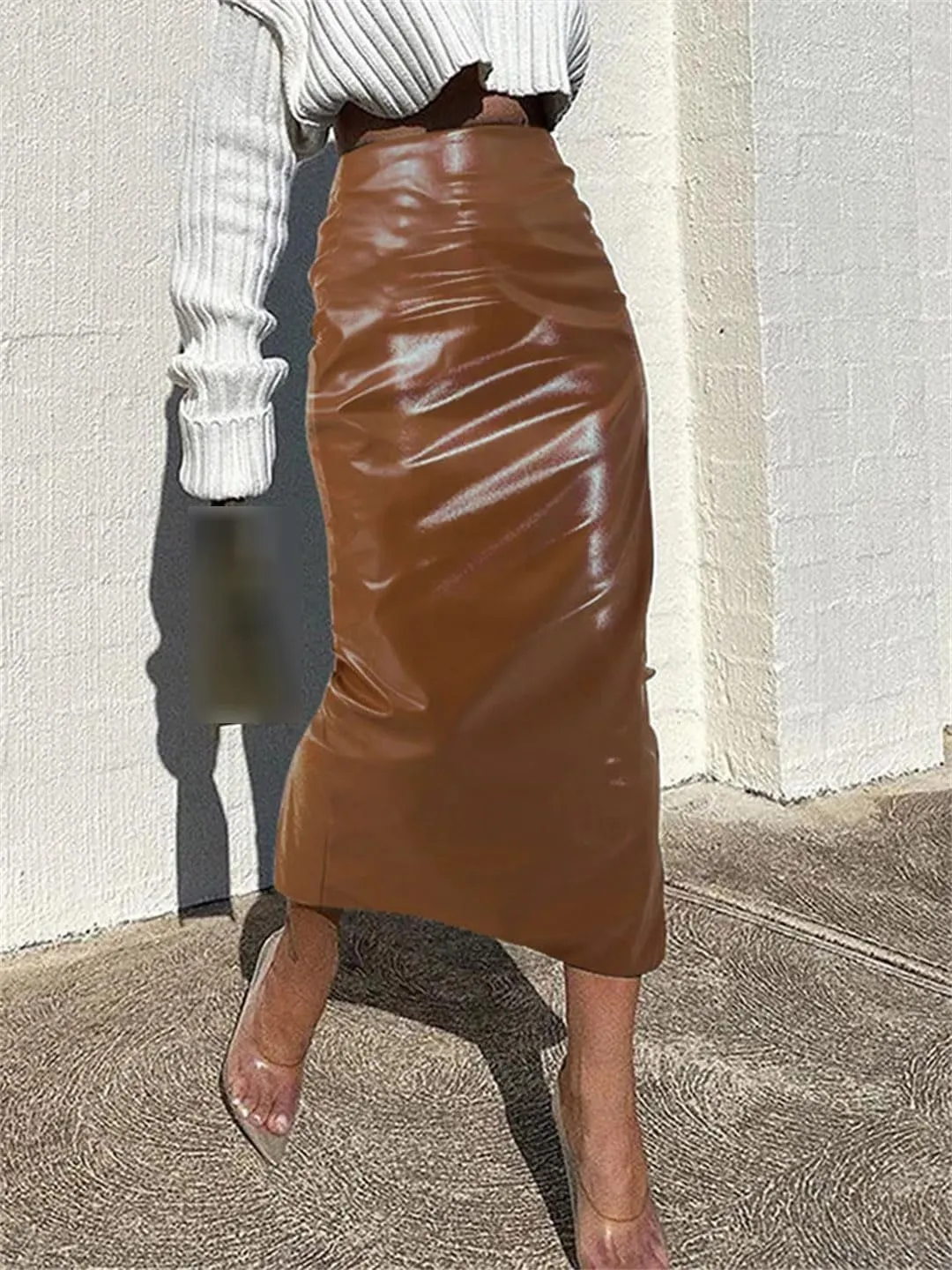 Suwequest Women Pu Leather Midi Skirts High Waist Long Sold Pleated Silm Skirts Femme
