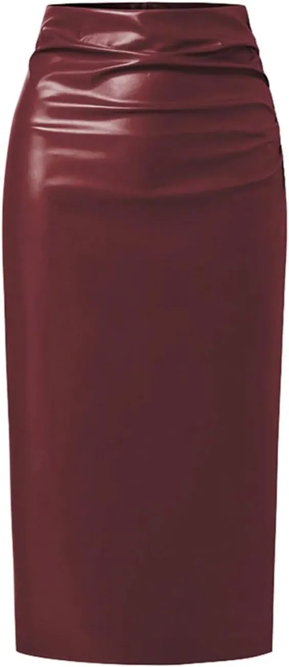Suwequest Women Pu Leather Midi Skirts High Waist Long Sold Pleated Silm Skirts Femme