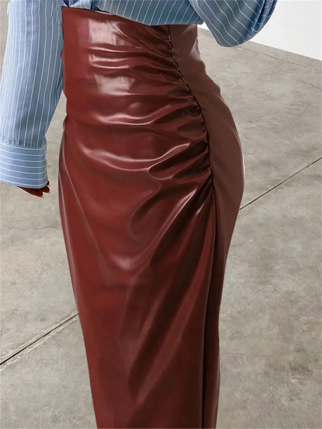 Suwequest Women Pu Leather Midi Skirts High Waist Long Sold Pleated Silm Skirts Femme