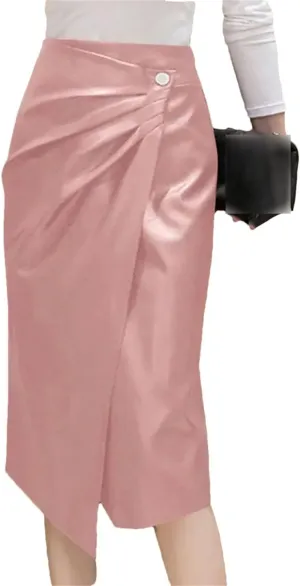 Suwequest Women Pu Leather Midi Skirts High Waist Long Sold Pleated Silm Skirts Femme