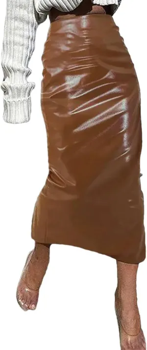 Suwequest Women Pu Leather Midi Skirts High Waist Long Sold Pleated Silm Skirts Femme