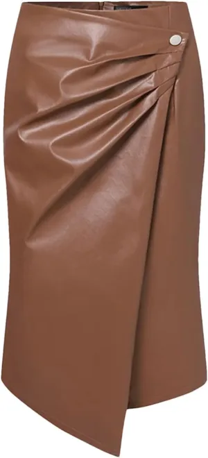 Suwequest Women Pu Leather Midi Skirts High Waist Long Sold Pleated Silm Skirts Femme
