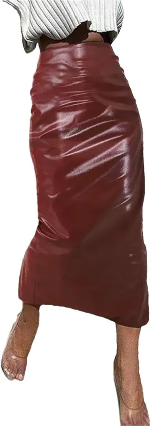 Suwequest Women Pu Leather Midi Skirts High Waist Long Sold Pleated Silm Skirts Femme