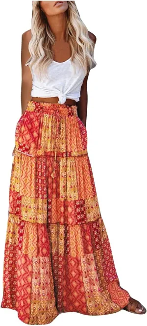 TANGNADE Women Boho Maxi Skirt High Waisted Floral Print Summer Beach Tiered Peasant Bohemian Skirts Swing A-line Skirt