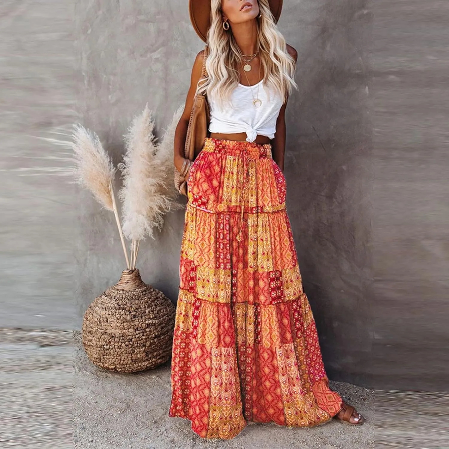 TANGNADE Women Boho Maxi Skirt High Waisted Floral Print Summer Beach Tiered Peasant Bohemian Skirts Swing A-line Skirt