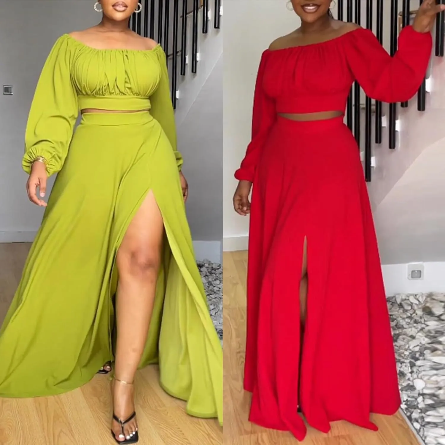 Tcremisa Women's 2 Piece Skirts Outfits Off Shoulder Lantern Long Sleeve Crop Top and Split Maxi Skirt Sets