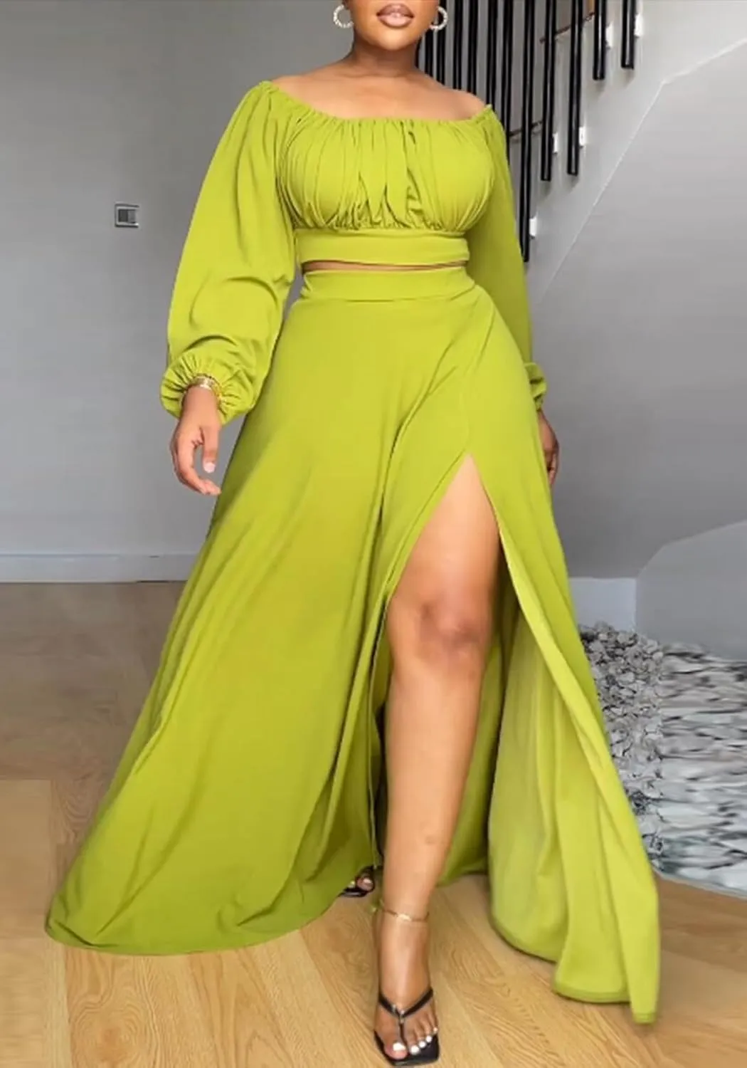 Tcremisa Women's 2 Piece Skirts Outfits Off Shoulder Lantern Long Sleeve Crop Top and Split Maxi Skirt Sets