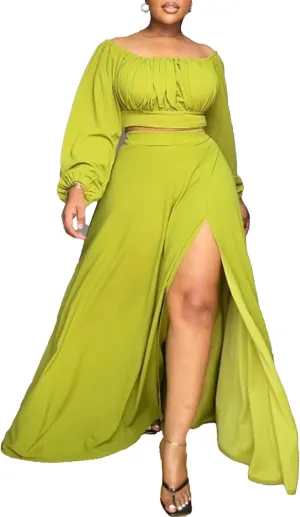 Tcremisa Women's 2 Piece Skirts Outfits Off Shoulder Lantern Long Sleeve Crop Top and Split Maxi Skirt Sets