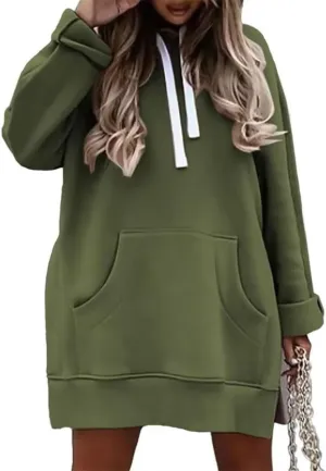 The Warmy Oversized Hoodie Dress Women First Ones Casual Drawstring Pullover Long Sleeve Split Hem with Kangaroo Pocket