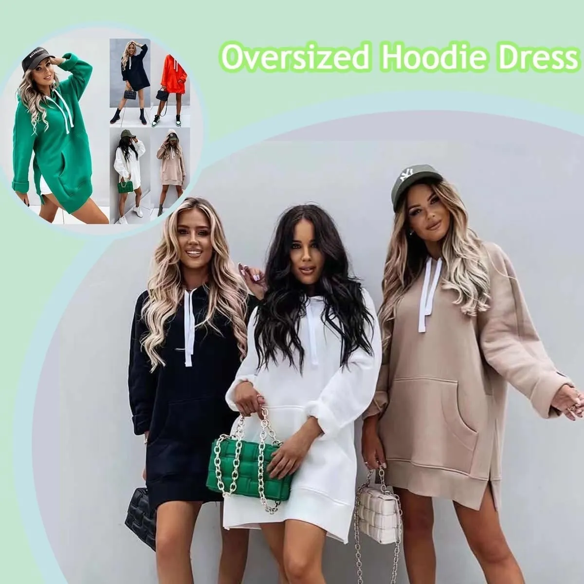 The Warmy Oversized Hoodie Dress Women First Ones Casual Drawstring Pullover Long Sleeve Split Hem with Kangaroo Pocket
