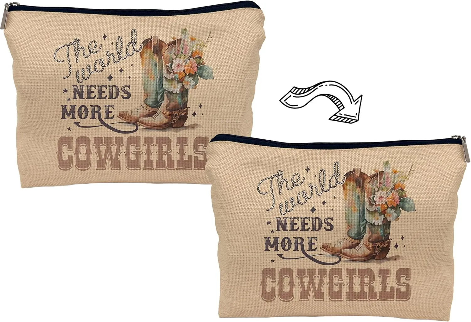 The World Needs More Cowgirls Funny Makeup Bag, Retro Western Country Floral Boots Cosmetic Bag, Gift for Teen Girls
