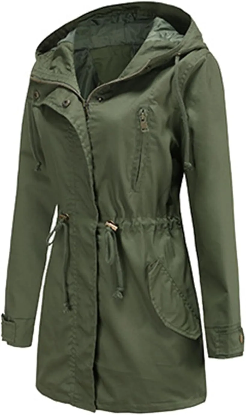 TIAFORD Women's Lightweight Drawstring Waist Hooded Rain Jacket Fall Casual Long Trench Coat Utility Coat with Pockets