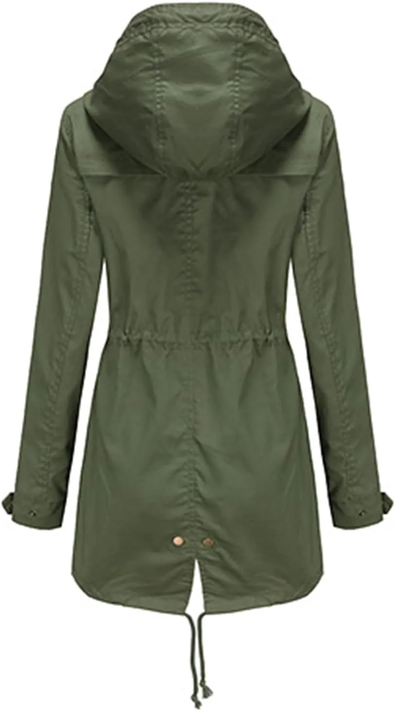 TIAFORD Women's Lightweight Drawstring Waist Hooded Rain Jacket Fall Casual Long Trench Coat Utility Coat with Pockets