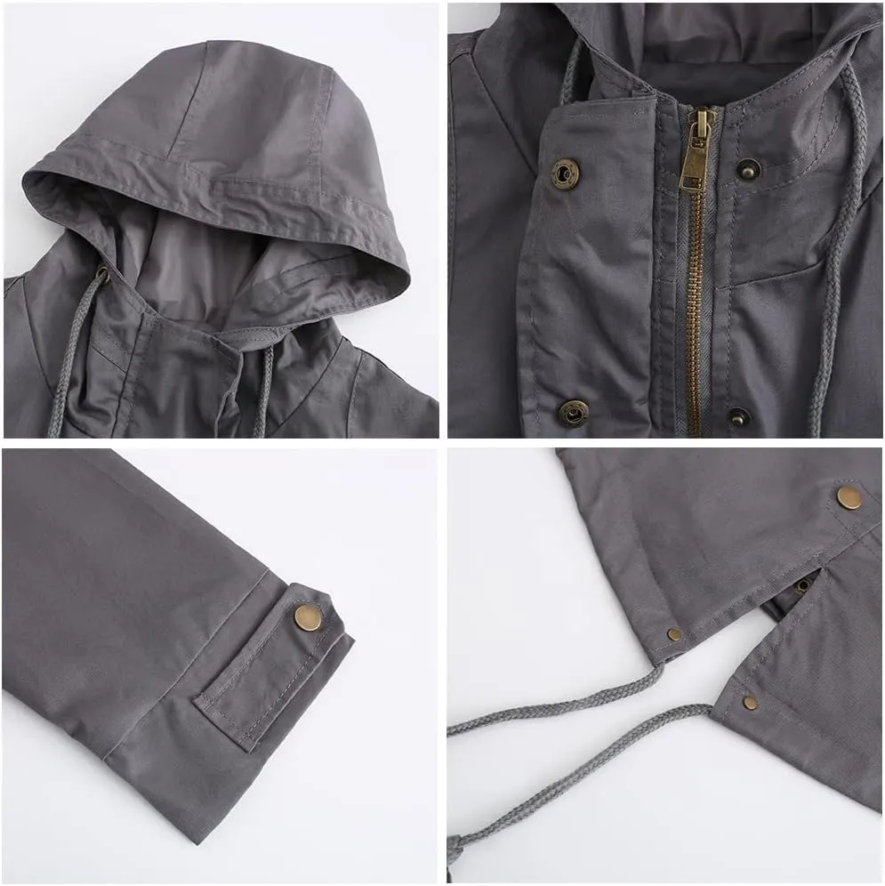 TIAFORD Women's Lightweight Drawstring Waist Hooded Rain Jacket Fall Casual Long Trench Coat Utility Coat with Pockets
