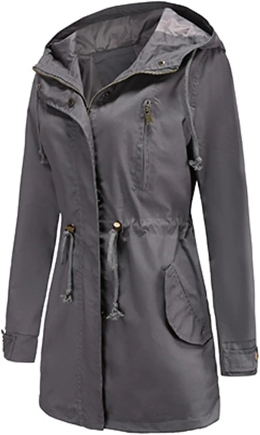 TIAFORD Women's Lightweight Drawstring Waist Hooded Rain Jacket Fall Casual Long Trench Coat Utility Coat with Pockets