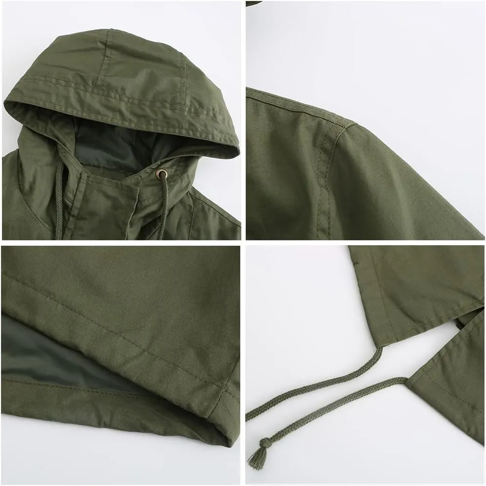 TIAFORD Women's Lightweight Drawstring Waist Hooded Rain Jacket Fall Casual Long Trench Coat Utility Coat with Pockets