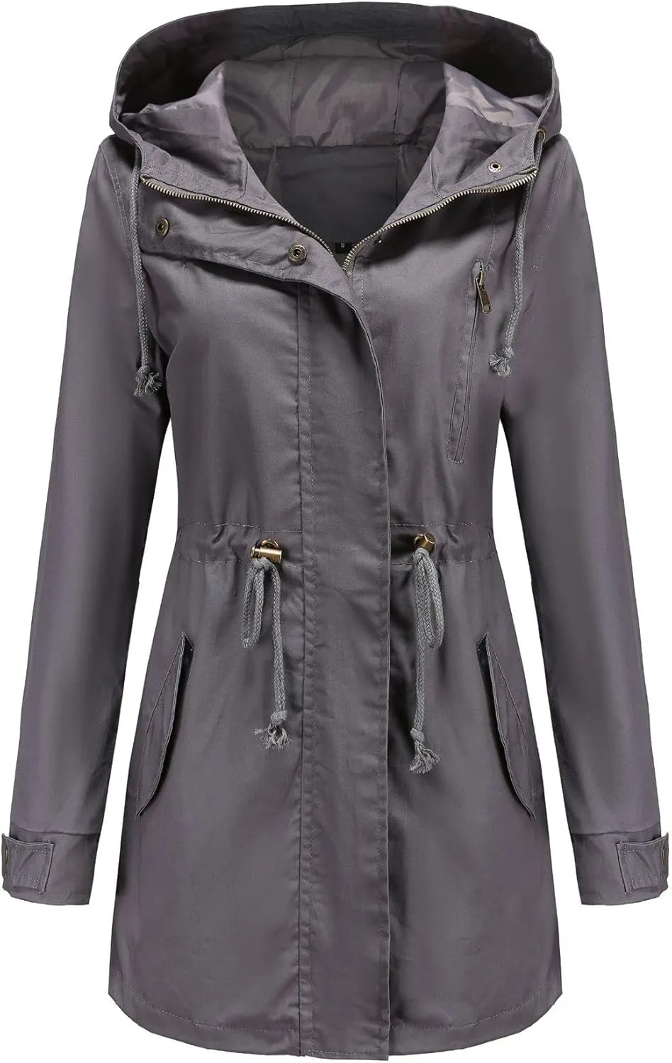 TIAFORD Women's Lightweight Drawstring Waist Hooded Rain Jacket Fall Casual Long Trench Coat Utility Coat with Pockets