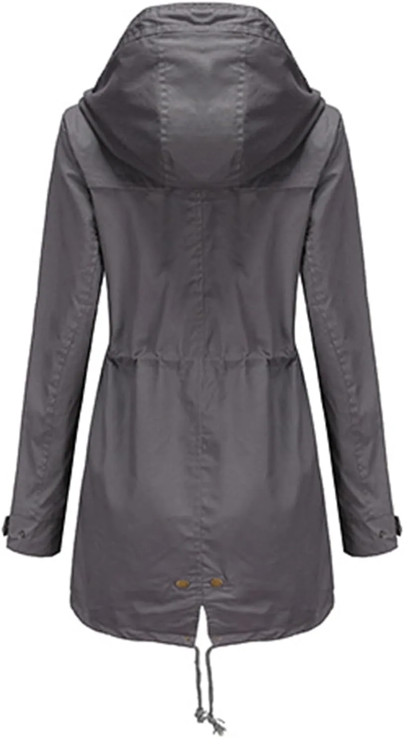 TIAFORD Women's Lightweight Drawstring Waist Hooded Rain Jacket Fall Casual Long Trench Coat Utility Coat with Pockets