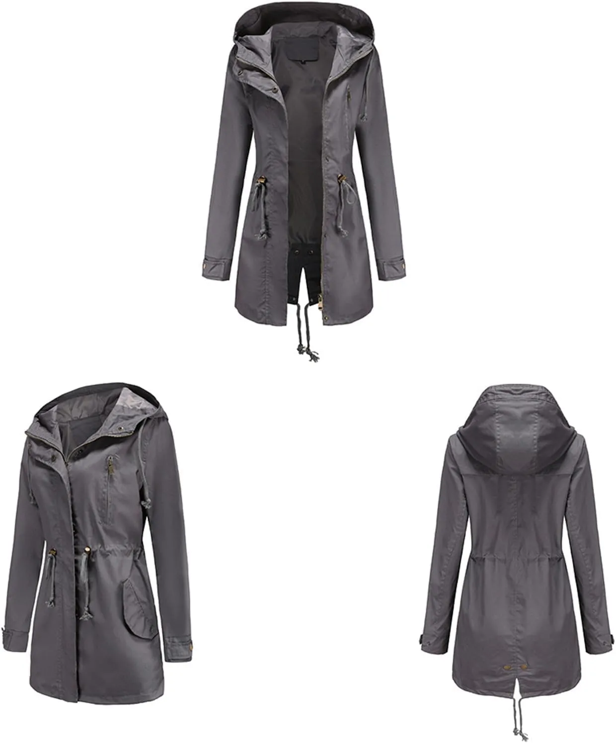 TIAFORD Women's Lightweight Drawstring Waist Hooded Rain Jacket Fall Casual Long Trench Coat Utility Coat with Pockets