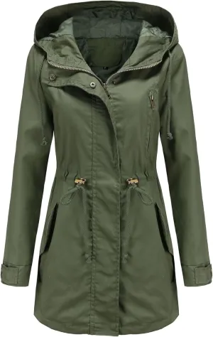 TIAFORD Women's Lightweight Drawstring Waist Hooded Rain Jacket Fall Casual Long Trench Coat Utility Coat with Pockets