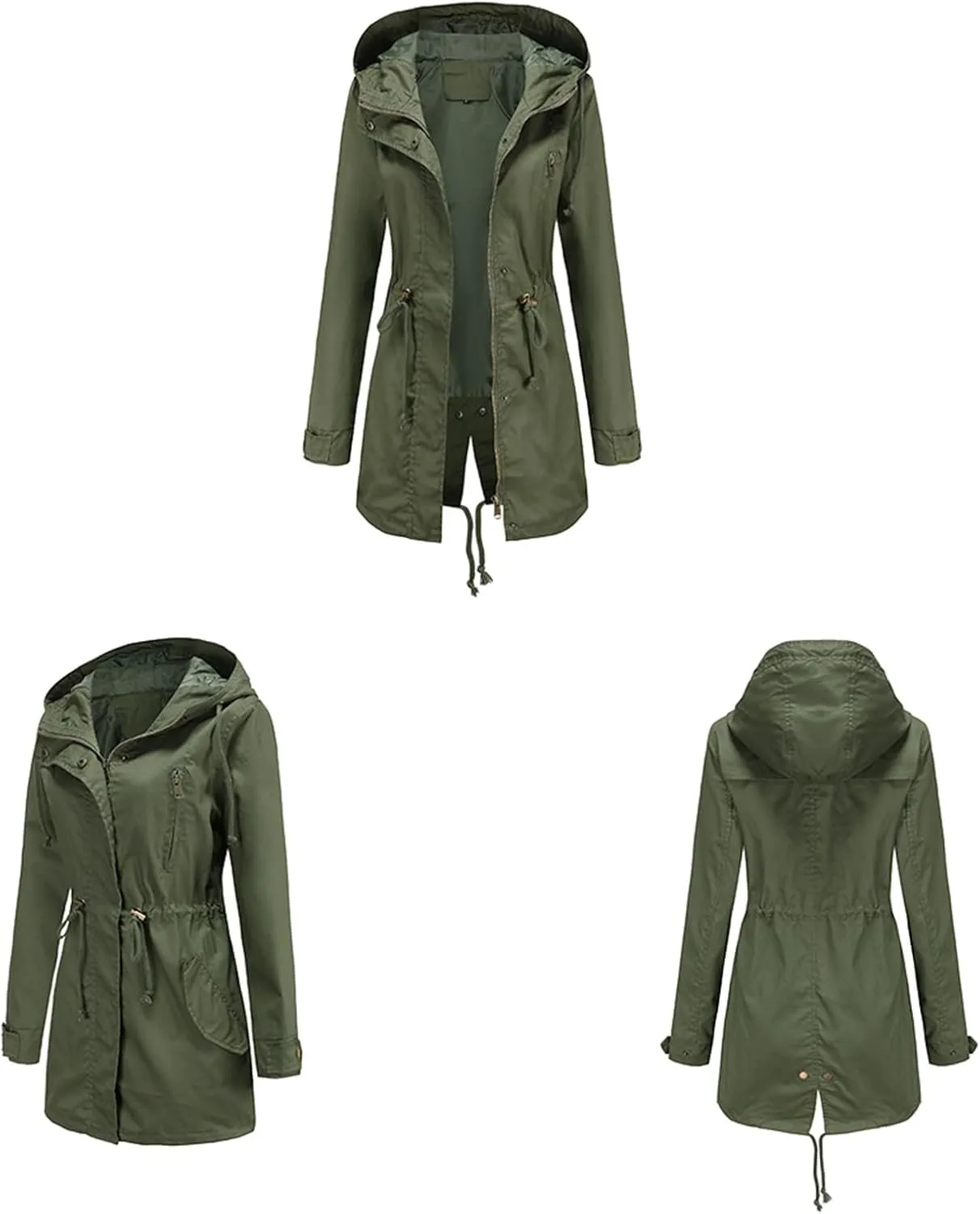 TIAFORD Women's Lightweight Drawstring Waist Hooded Rain Jacket Fall Casual Long Trench Coat Utility Coat with Pockets